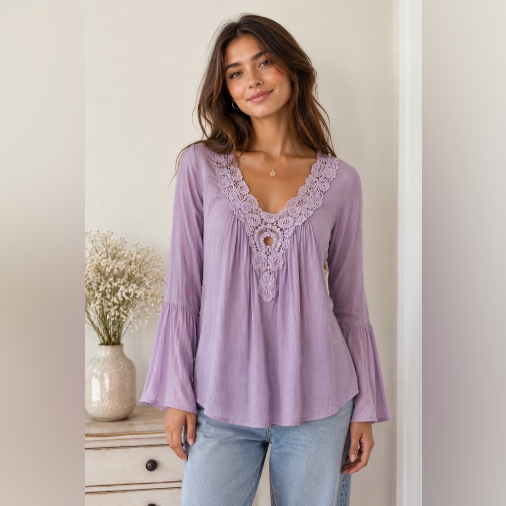 Socialite Purple Long-Sleeve Blouse with Lace Details